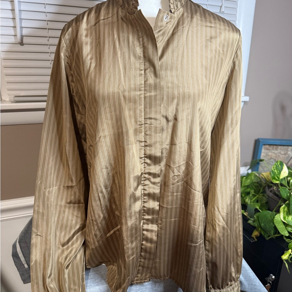 Vintage polyester Striped Gold Button-Up Blouse